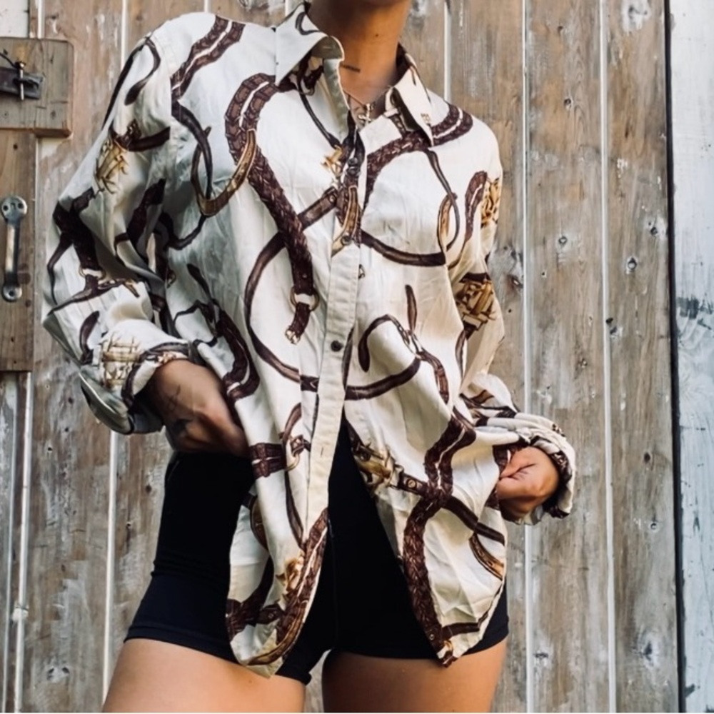 Ralph Lauren Equestrian Print Shirt in Brown and Cream